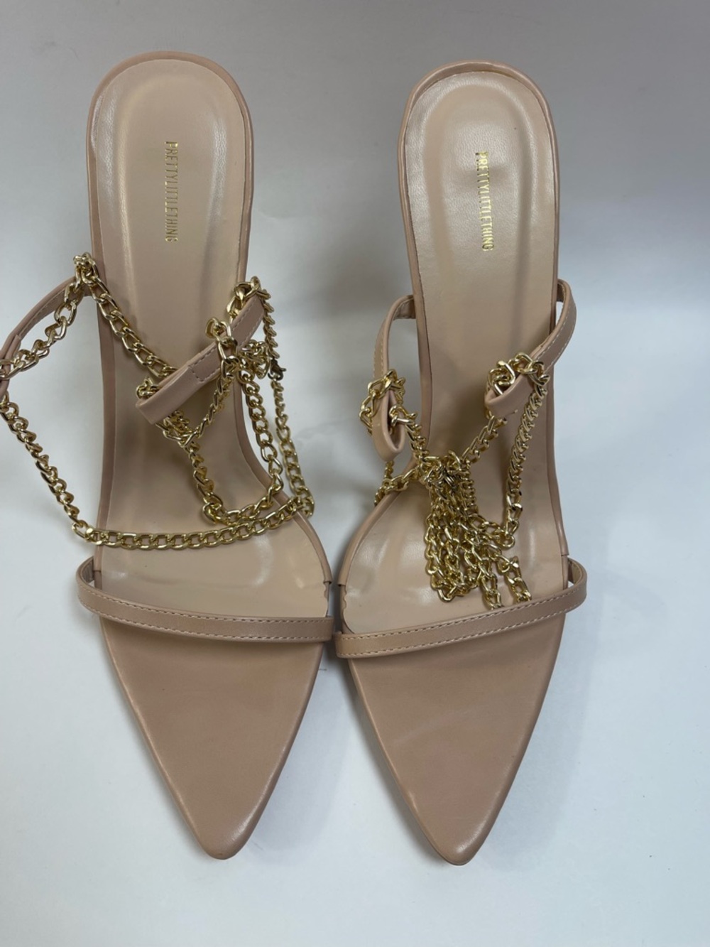 PrettyLittleThing Nude Pointed Toe Heels with Gold Chain Straps